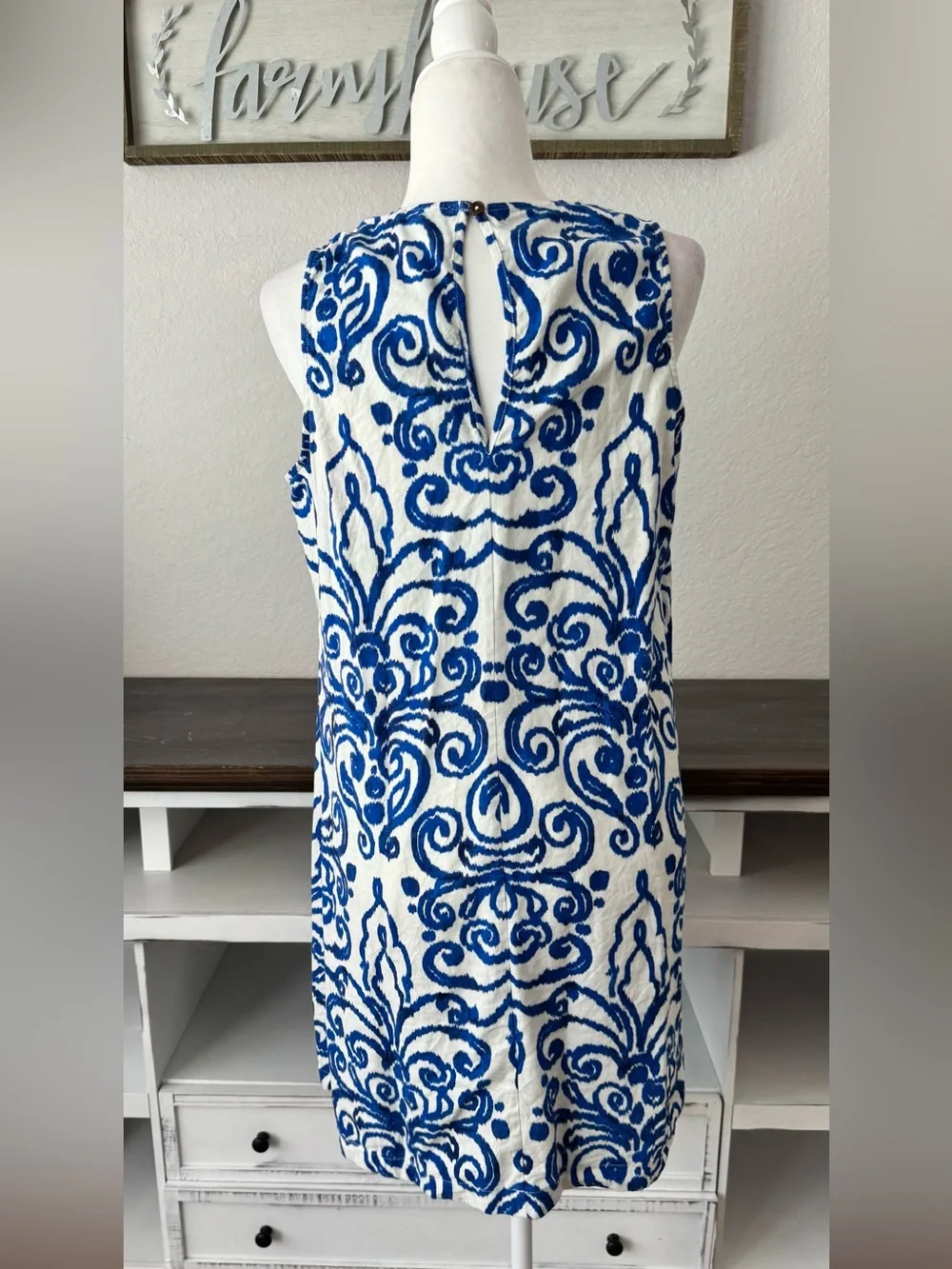 Tommy‎ Hilfiger Blue White Sleeveless Linen Viscose Dress Geometric Size 12 5